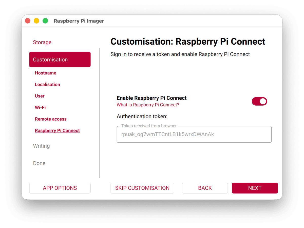 Raspberry Pi Imager showing the Raspberry Pi Connect customisation screen