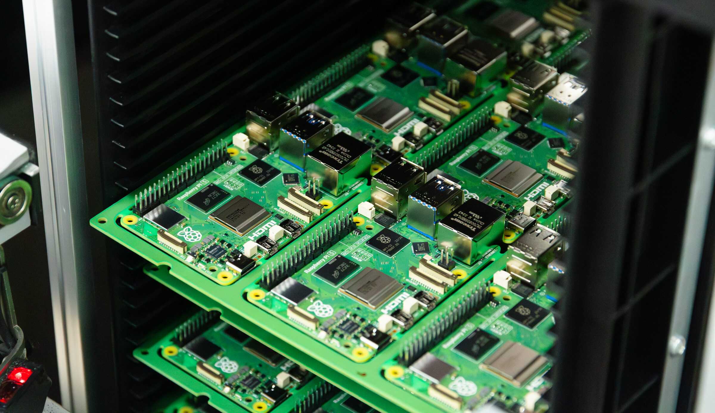 Trays of Raspberry Pi boards during manufacture